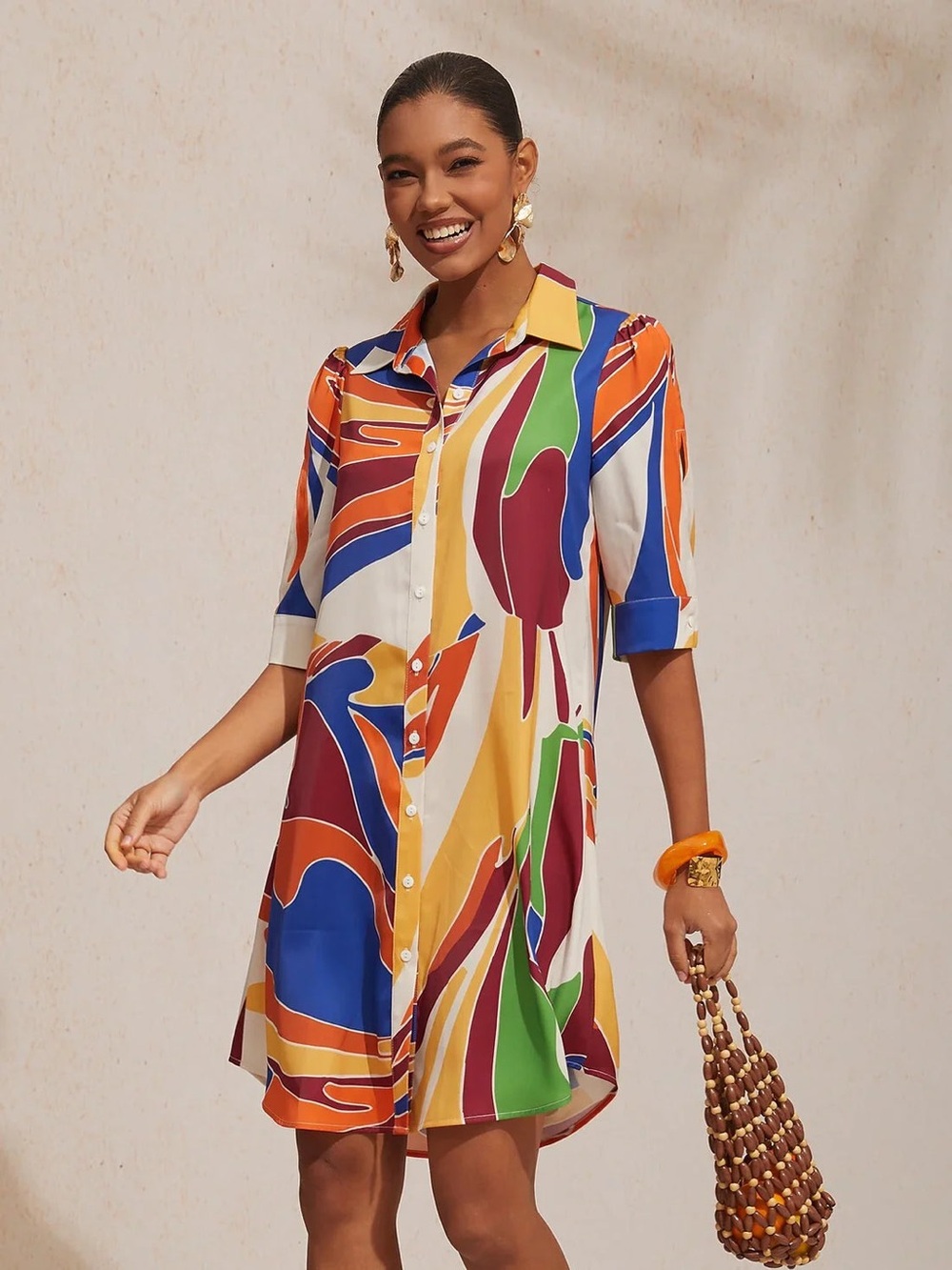 ADOR Geometric Color Block Pattern Straight Satin Shirt Dress Small NWT